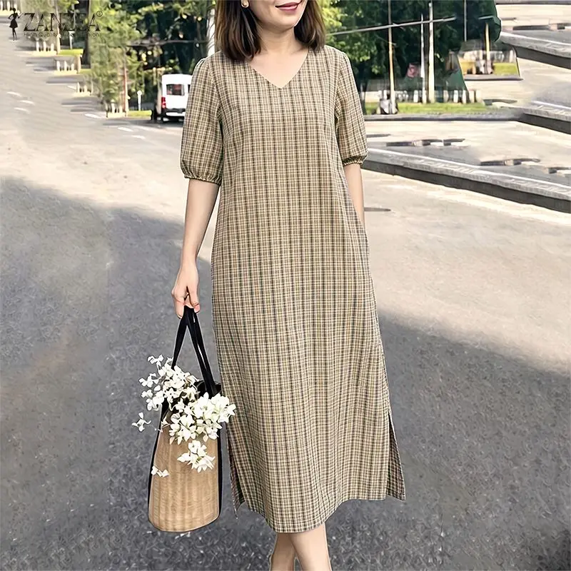 ZANZEA Women's Plaid Midi Dress Summer Casual V-Neck Half Sleeve Loose Checked Holiday Dresses Side Split Work Wear Robe Vestido