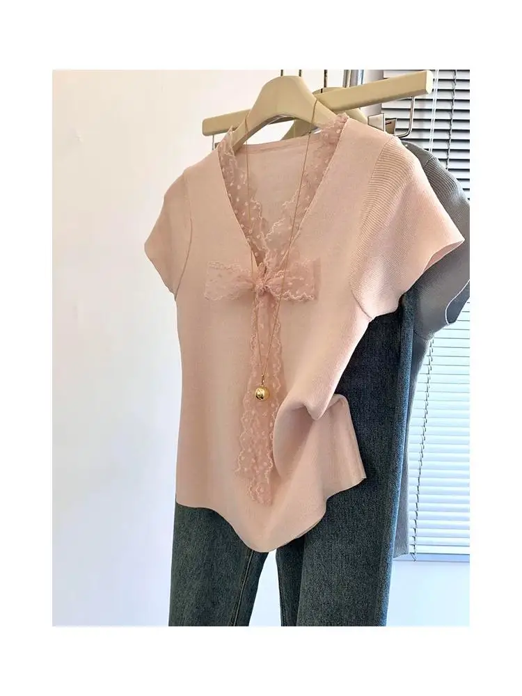 

Розовая нежная летняя новая вязаная футболка с v-образным вырезом и узлом, женская утягивающая кружевная футболка ort Sve Top Commute Sle Pure...