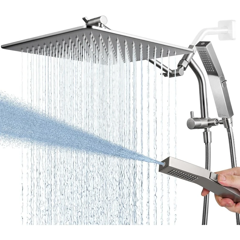 All Metal 12'' Rain Shower Head with Handheld Builtin Power Wash Mode 3-way Diverter,Pause Setting 11'' Adjustable Extension Arm