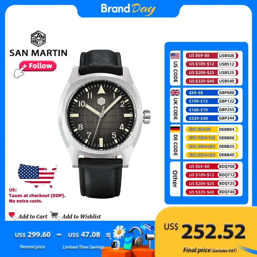 

San Martin Design Мужские роскошные часы 38 мм Винтажные спортивные часы PT5000 Стальные автоматические механические часы Водонепроницаемые 10 бар светящиеся SN0026
