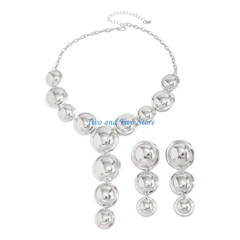 HX6F Dynamic Geometric Round Necklace and Earrings Set Including Adjustable Y and Flowing Tassels for Fashion Outfits
