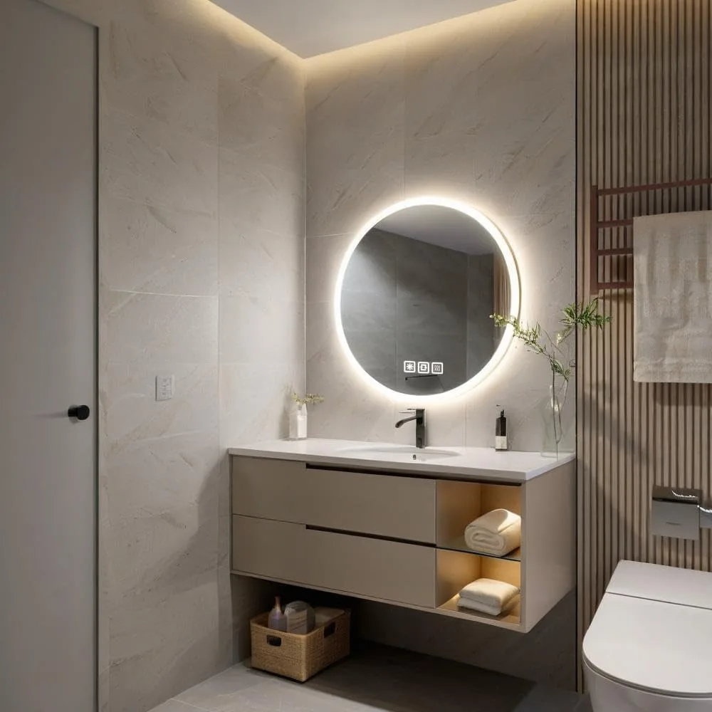 Round 28-inch LED Smart Bathroom Mirror with Circle Lights, Anti-Fog, 3 Colors Dimmable, Front and Backlit, CRI90+