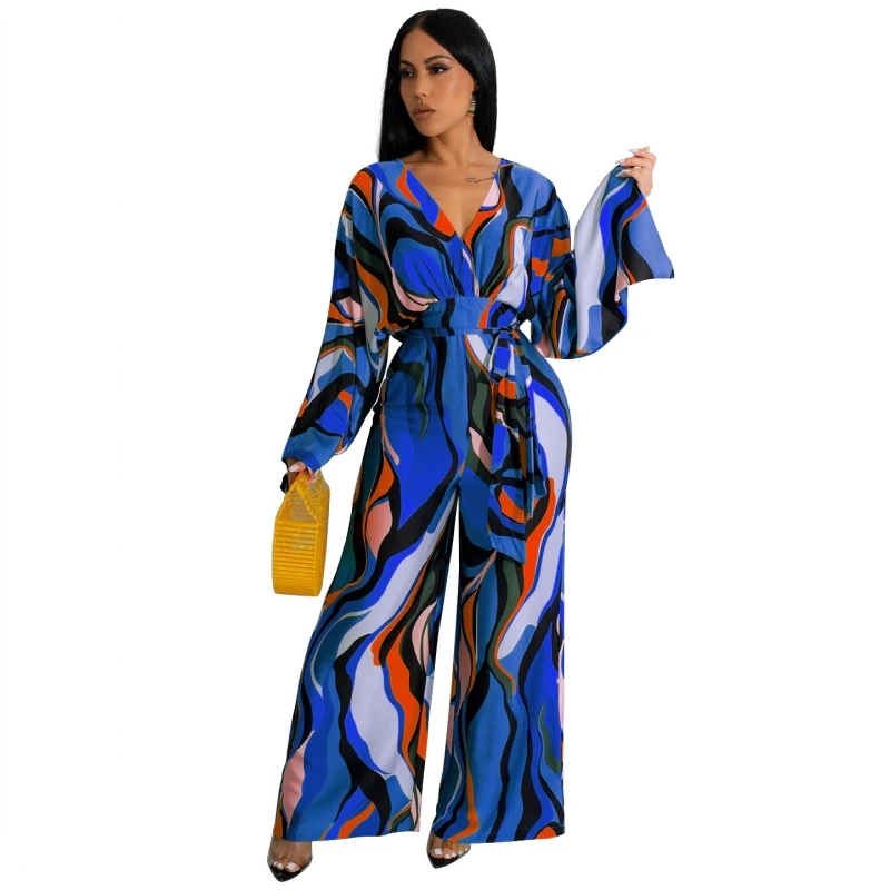 

Autumn Print Flower Jumpsuits For Women Long Sleeve Bandage Loose Fashion Streetwear Overalls Wide Leg Pants Trousers 2023