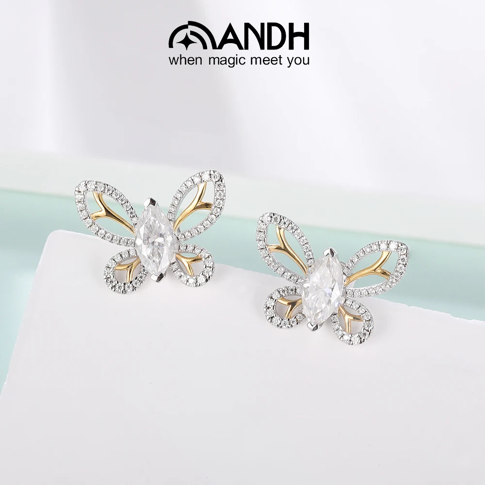 

ANDH Sparkling Moissanite Butterfly Earrings 925 Sterling Silver Dual-Tone Design Stud Earrings Party Fine Jewelry Ladies Gift