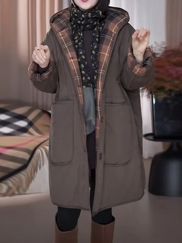 

Thiened Plaid Hooded Cotton Jaet Women's Faionable Versatile Loose ket Winter Warm Medium Length Cotton Coat