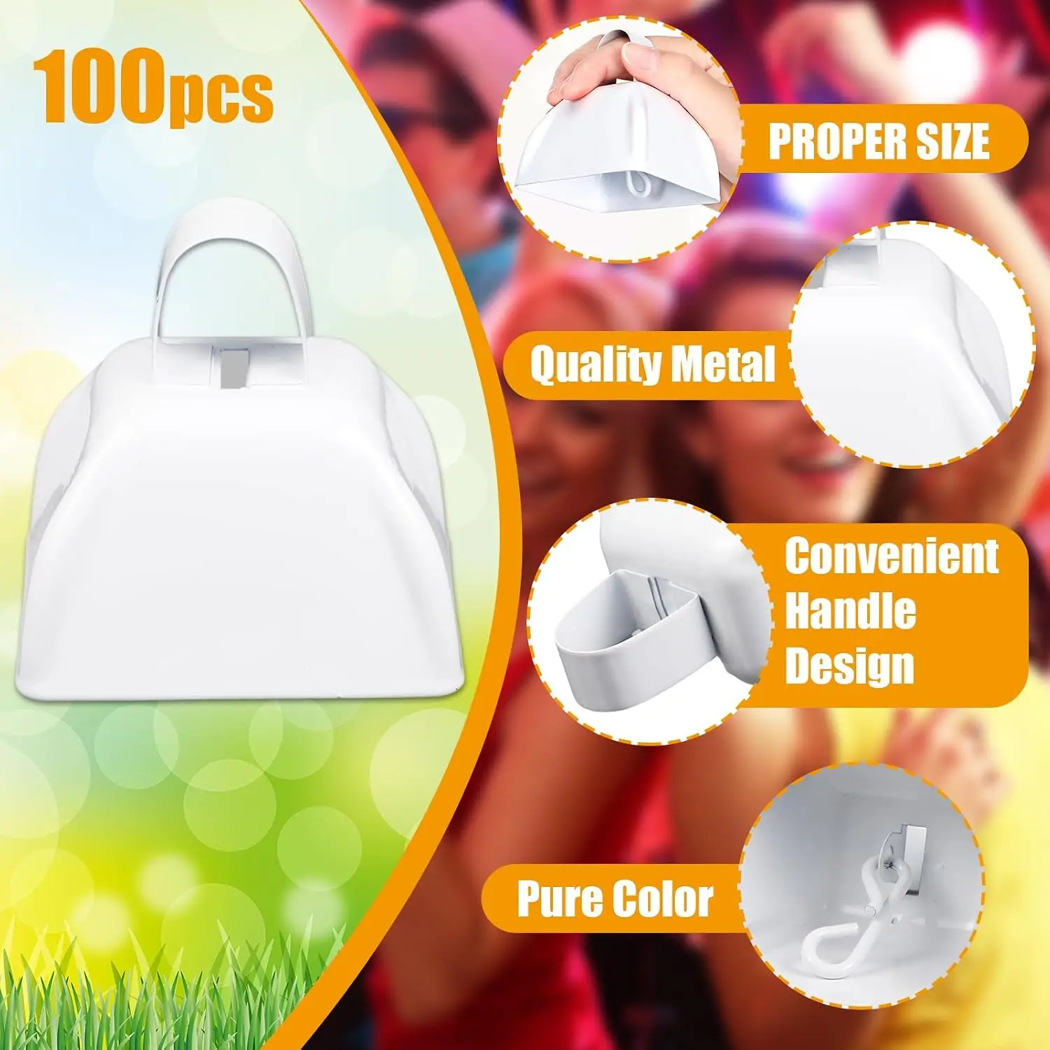100 Pieces Metal Cowbell with Handle for Sporting Events Small Cow Loud Bells Noise Makers Call Bells for Wedding Cheering Football Games, 3 x 2.8 x 2.5 Inch(White)