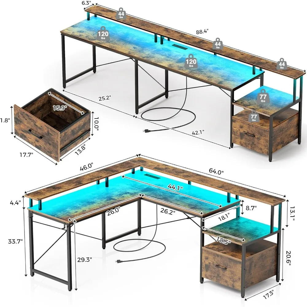 Computer Desk with File Drawer, 64" L Shaped Desk with Power Outlet & LED Strip, L Shaped Corner Desk with File Cabinet, Home O