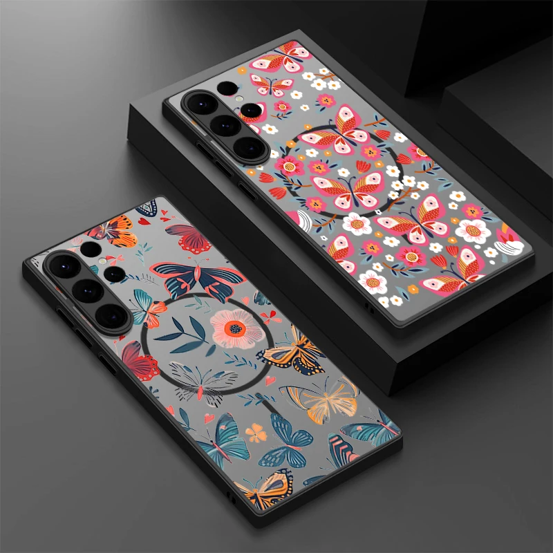Schmetterlingsblumen-Magnet-Handyhülle für Samsung Galaxy S26 S25 S24 Ultra S23 S22 Plus S25 Edge S24 S23 FE Magnet-PC-Rückabdeckung