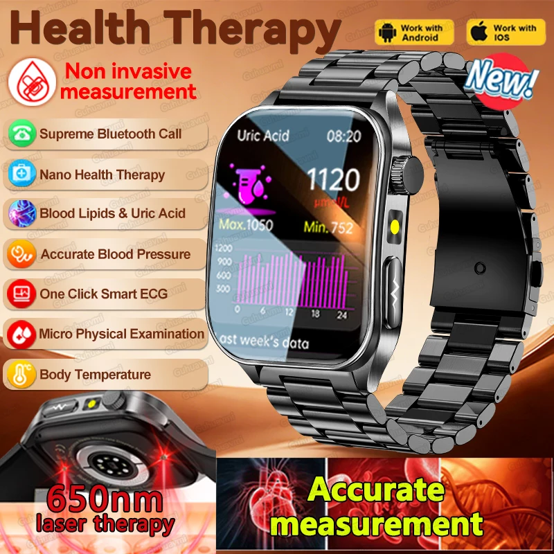 

2026 New Non-Invasive Laser Treatment Three High Smart Watch ECG+PPG Blood Fat Uric Acid Health Diagnosis Smart Watches For Man