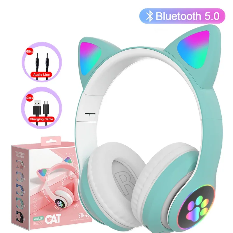 Flitslamp Leuke Kat Oren Hoofdtelefoon Bluetooth5.0 Stereo Met Microfoon Ondersteuning TF-kaart Draadloze Kinderen Meisje Oortelefoon Verjaardagscadeau