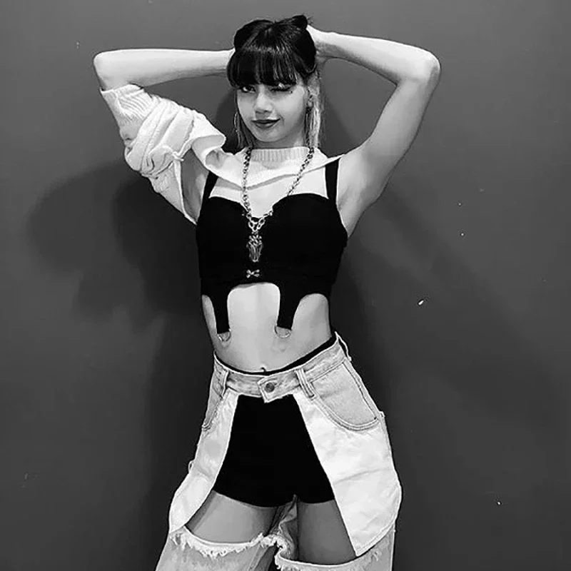 Kpop LISA เสื้อผ้าเต้นรำฮิปฮอปผู้หญิง, เสื้อครอปเต้นแจ๊สกางเกงยีนส์เสื้อกันหนาวมีฮู๊ดนักร้องเซ็กซี่เครื่องแต่งกายสตรีทแดนซ์แสดงบนเวที