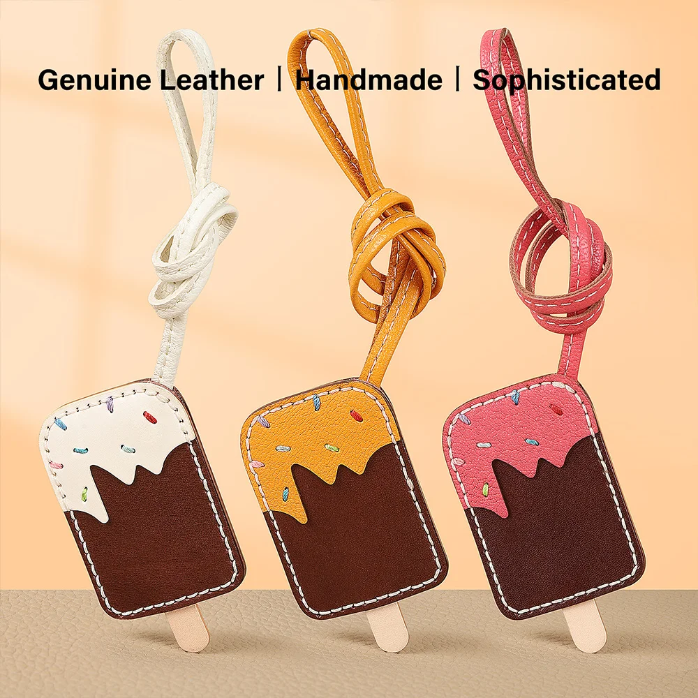 

CRAZYSMITH Handmade Ice Cream Bag Keychain Genuine Leather Bag Pendant For Handbags Interesting Stylish Leather Bag Accessories
