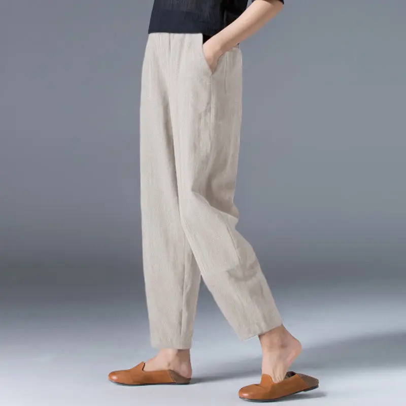 Cotton Wide Leg Pants Female Loose Oversized Solid Color Harem Summer Casual Elastic Waist Ankle-length Pants Women Clothing