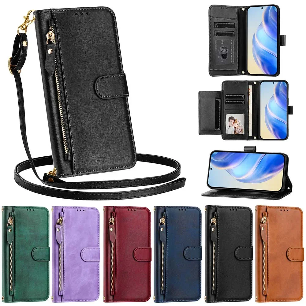 Ultra Thin Zipper Cover For ZTE Blade A52 A53 A73 A35 A55 A75 Nubia Z60 Ultra V70 Design V60 Vita Focus Calf Case With Lanyard