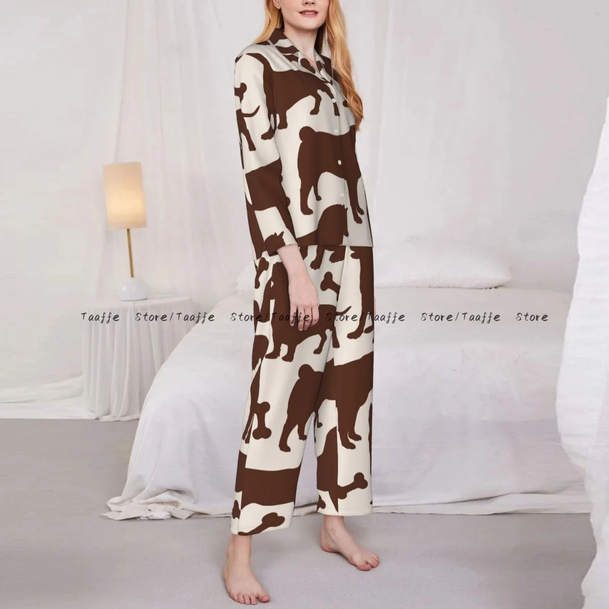 Women Sleepwear Pajamas Dogs Pattern Long Sleeve Pijama Female Set Negligee Cardigan Suit