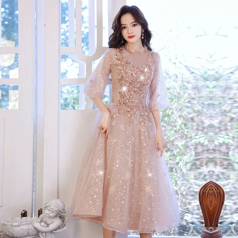 

Jewel Pink Long Sleeves Formal Gown Lace Applique Knee Length Tulle Beaded Prom Pary Evening Dresses