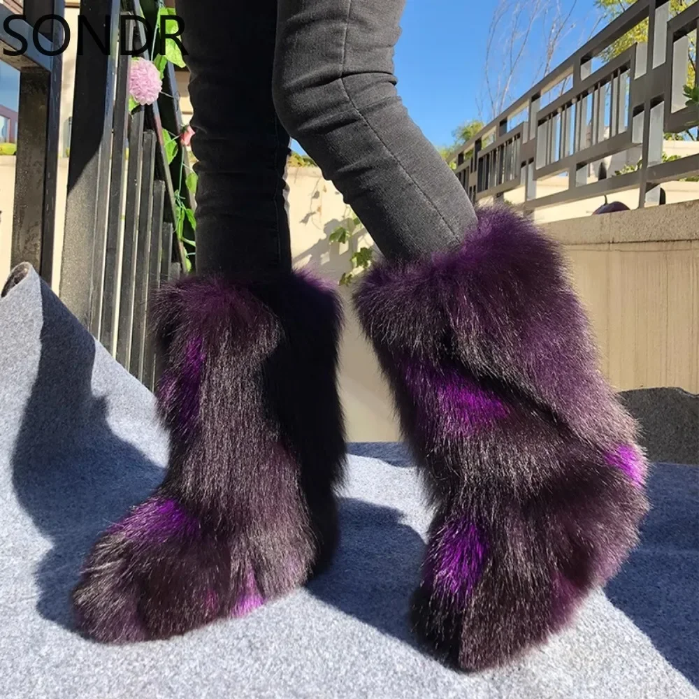 

Womens Round Toe Mid Calf Boots Real Arctic Fox Fur Furry Hidden Heel Warm Winter Snow Shoes Thick Match Colors New 2024