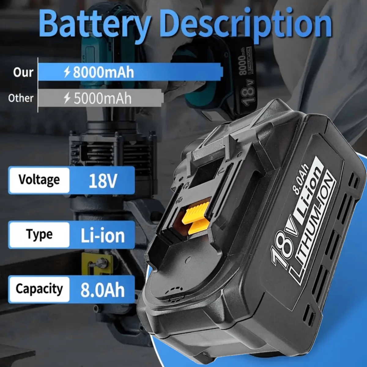 1 PACK 8.0Ah 18V แบตเตอรี่ลิเธียมไอออนแบบชาร์จไฟได้,ใช้งานร่วมกับเครื่องมือไฟฟ้าไร้สาย Makita,ไฟ LED,