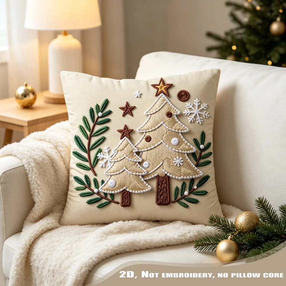 1PC Stylized Christmas Tree Snowflake Pillow CoverPolyester Cushion Case for Sofa Couch Living Room Bedroom Home Decor