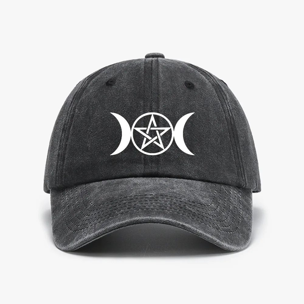 

Triple Moon Goddess Wicca Pentacle print baseball cap Men Women soft top Washed Denim Adjustable Dad hat adjustable sun hats