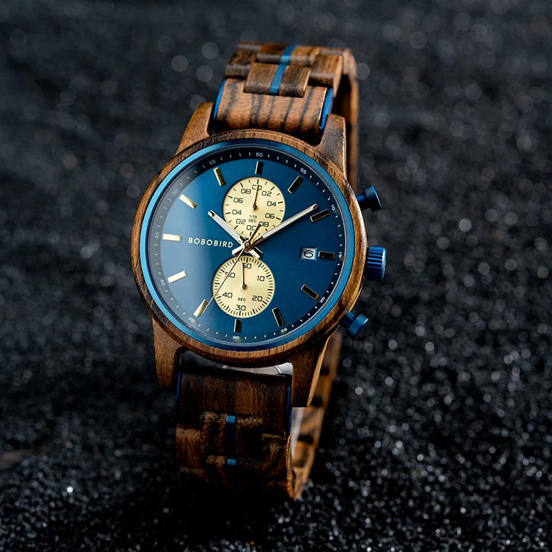 BOBO BIRD New Wooden Men Watch 44mm Luxury Business Quartz Chronograph Watches with Date Display Custom Man Gift montre homme