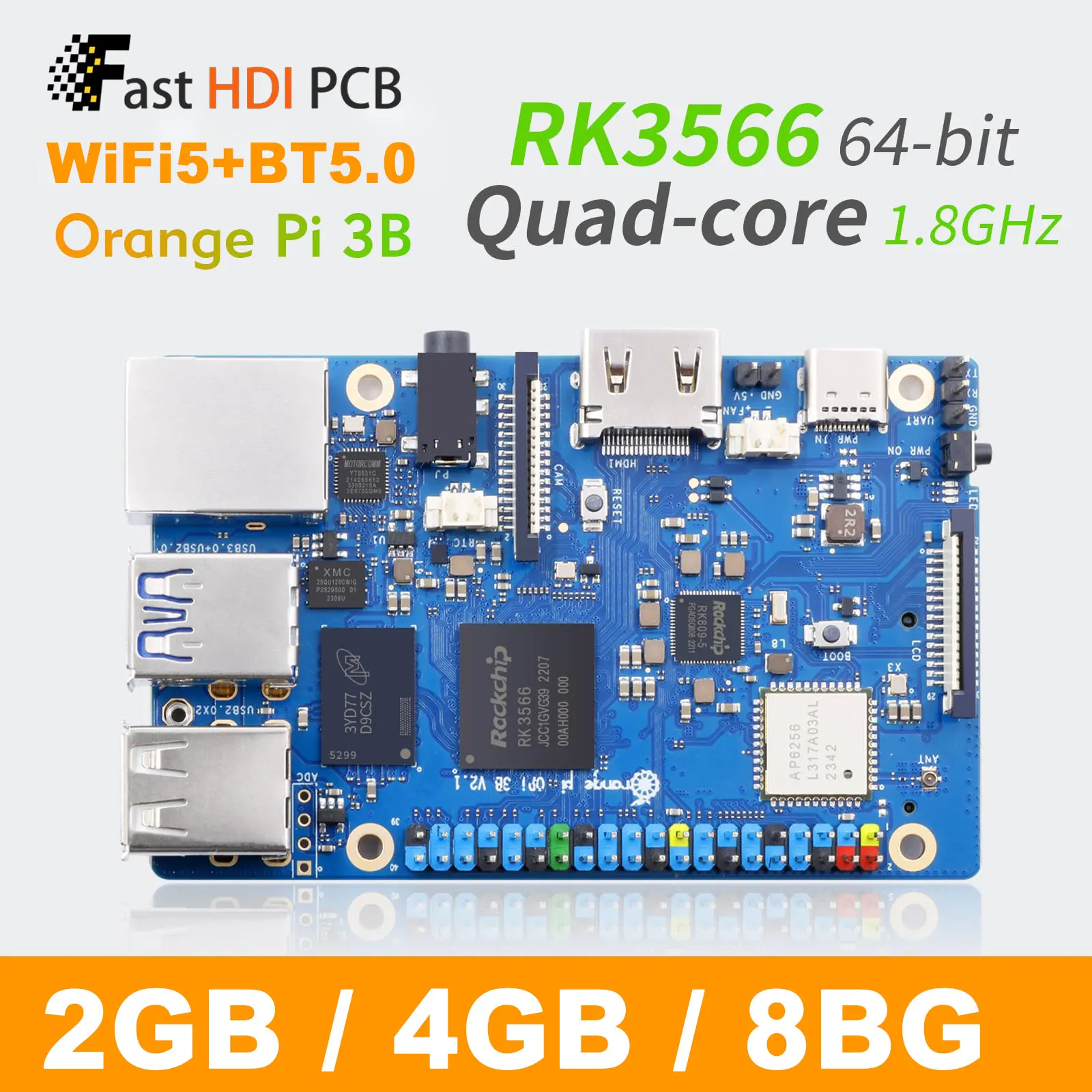 

Одноплатный компьютер Orange Pi 3B RK3566 Четырехъядерный 64 бит 1.8 ГГц 2 ГБ 4 ГБ 8 ГБ ОЗУ LPDDR4 WiFi5 BT5.0 Гигабитный Ethernet M.2 SSD Поддержка OpenHarmony Ubuntu Debian Android 4K