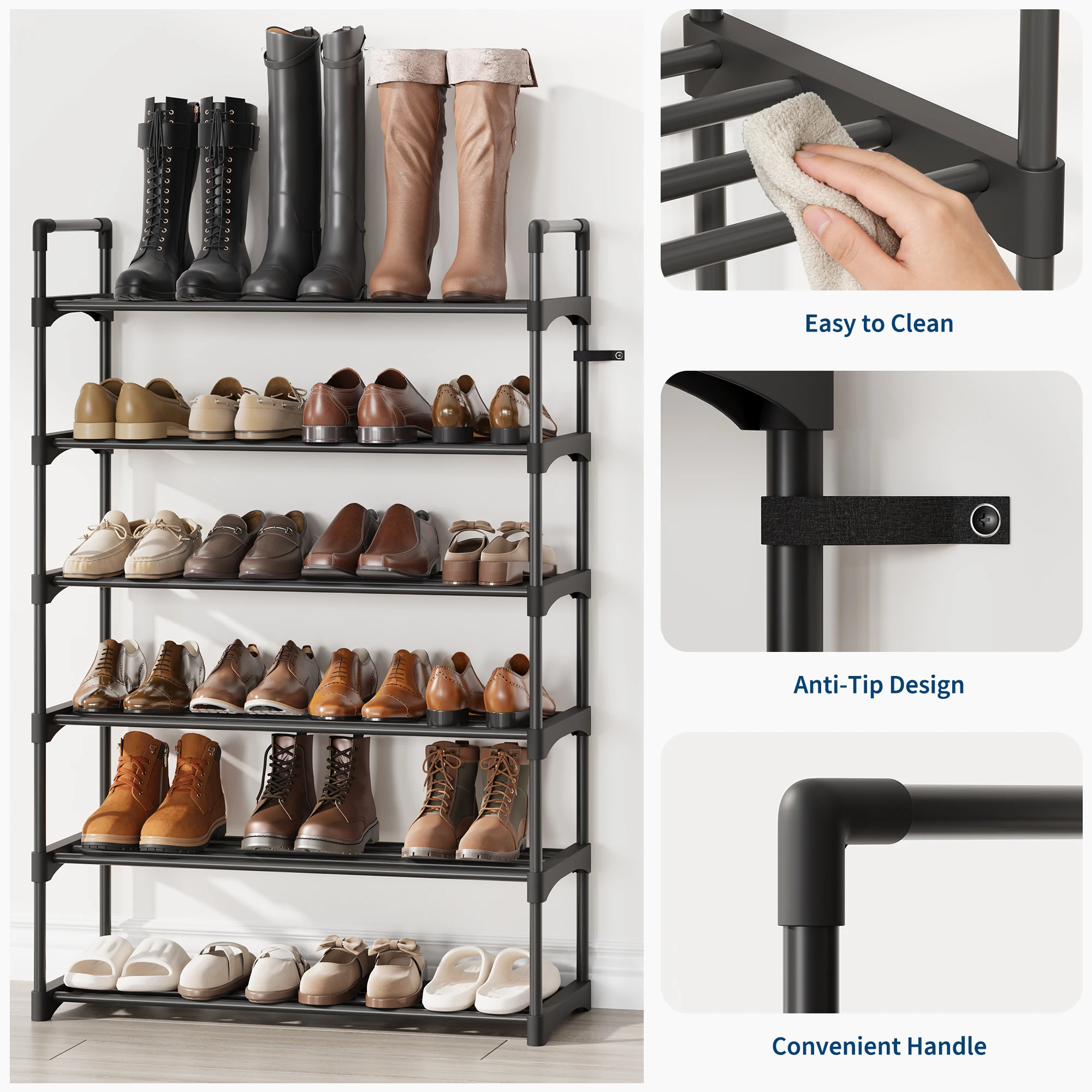 6/4/3-Tier Shoe Rack with Wooden Top, Metal Frame, for Entryway | Stackable Shoe Storage Organizer Closet or Bedroom, Holds 9-24 Pairs