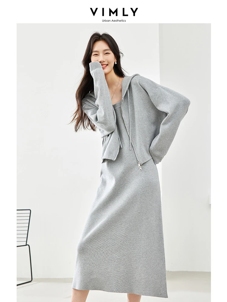 Vimly 2 Piece Knit Dress Sets Women Outfit Full-zp Hooded Jacket Midi Tank Dress Woman Spring Casual Matching Set 73335