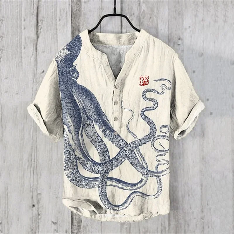 Retro fish print high-definition men's linen shirt oversized fashionable casual short sleeved shirt button design