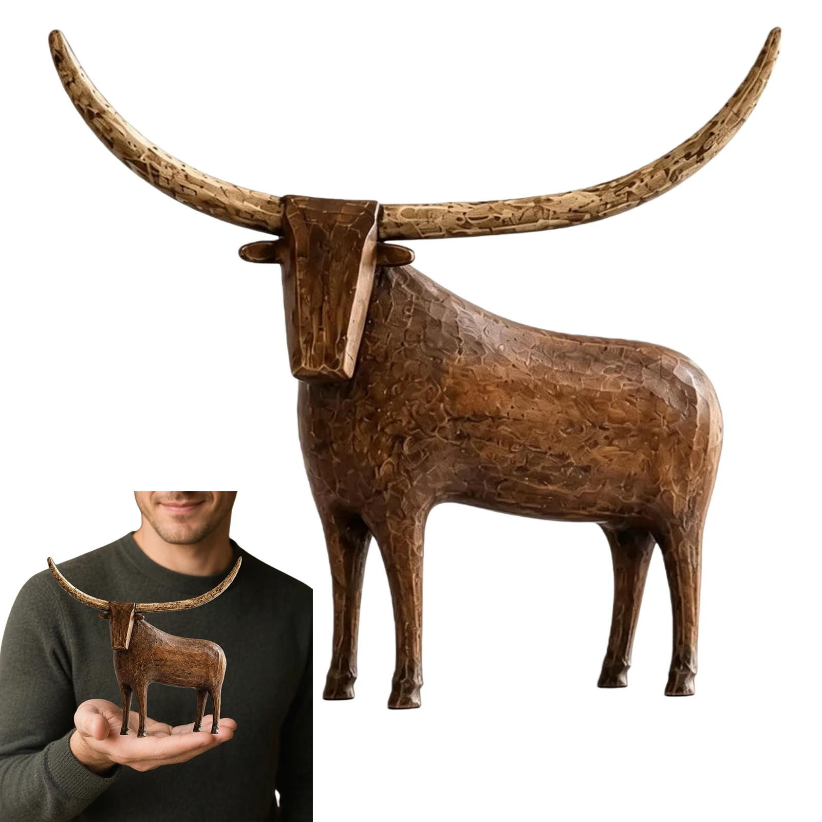 Rustic Western Resin Sculpture Vintage Longhorn Farmhouse Tabletop Animal Figurine Mantel Shelf Brown Ivory Decor