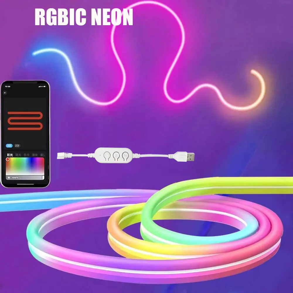 DC5V USB Neon LED Strip Light 1M 2M 3M RGBIC WS2812 Waterproof Neon Sign Tape Bluetooth Control For Room Wall Decor Fairy Light