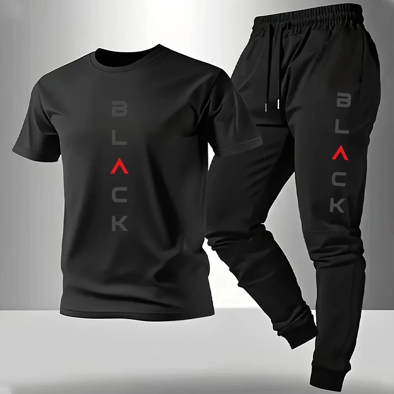Schwarzes T-Shirt mit Buchstaben-Print und Jogginghose – Sommer 2026 Herren-Set – Hochwertiges Kurzarm-Outfit für Zuhause und Outdoor – Lässige T-Shirt-Sets – Detail 2