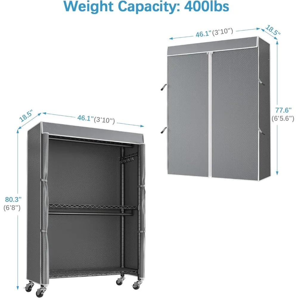 R2C Plus Heavy Duty Rolling Garment Rack with Cover Clothing Racks for Hanging Clothes Portable Closets with Adjustable 3 Wire
