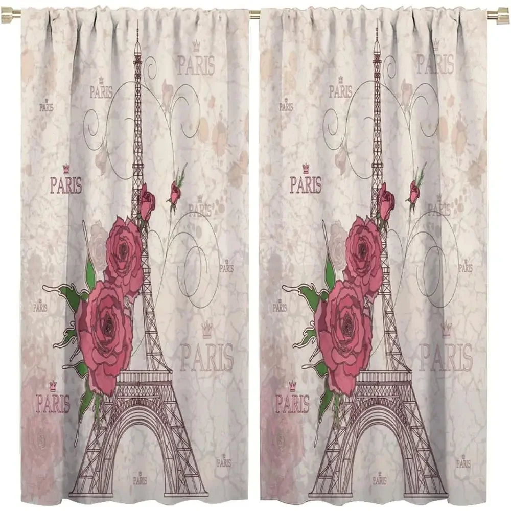 Retro Red Rose Paris Eiffel Tower Blackout Curtains for Living Room or Bedroom, 84x84 inches