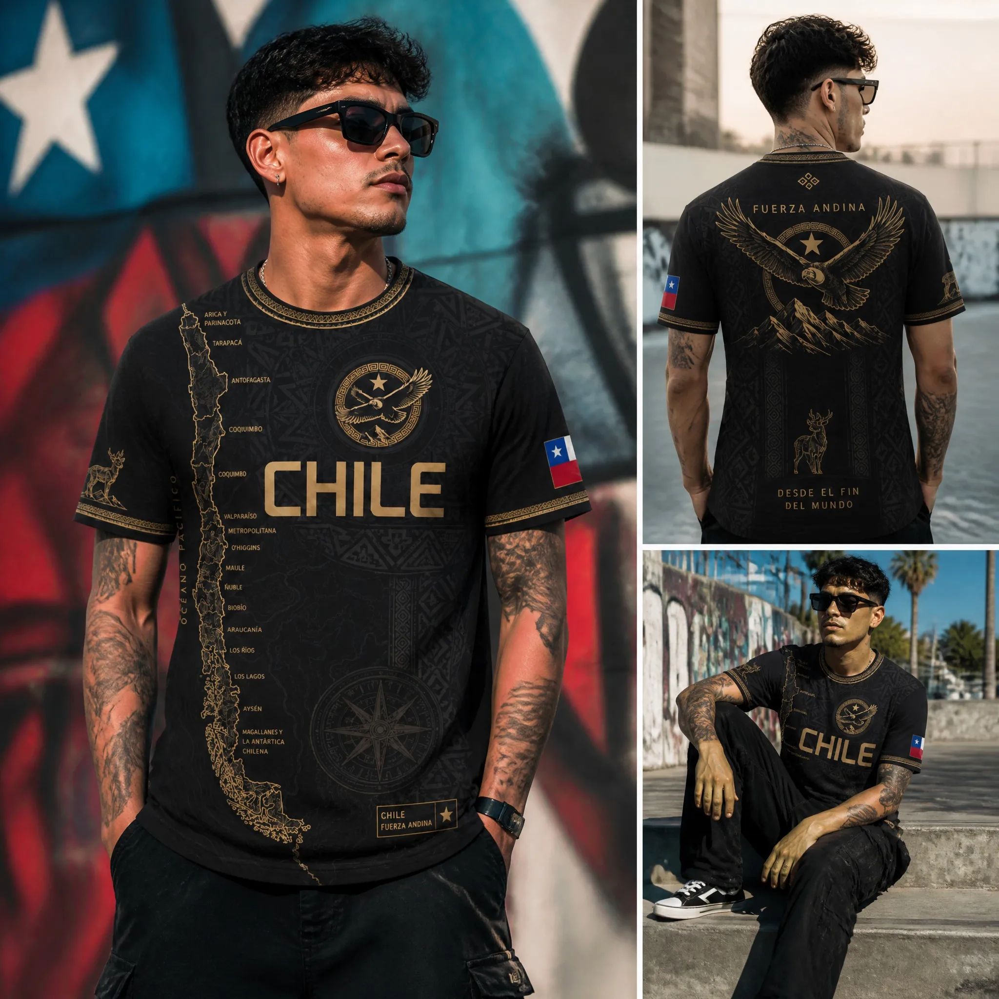 Mens Crewneck Tee Shirt Chile Black Gold Map Eagle Mountain Graphic Short Sleeve Casual Street Outdoor Team Style Top Wear Urban
