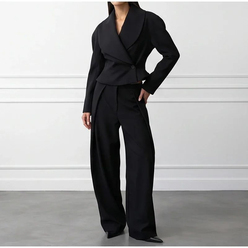 Damen-Hosen-Sets, V-Ausschnitt, Langarm, Taillenbetonende Asymmetrische Mäntel, Hochgeschnittene Plissierte Hosen, Schicke Büro-Outfits für Damen, Neuheiten – Detail 11