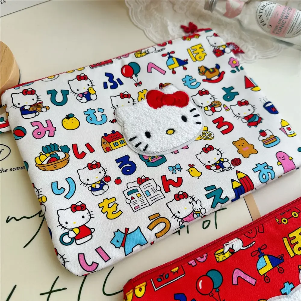 Hello Kitty Embroidered Storage Bag Cute Printed Large Capacity Handbag Cartoon Notebook Ledger Stationery Document Storage Bag