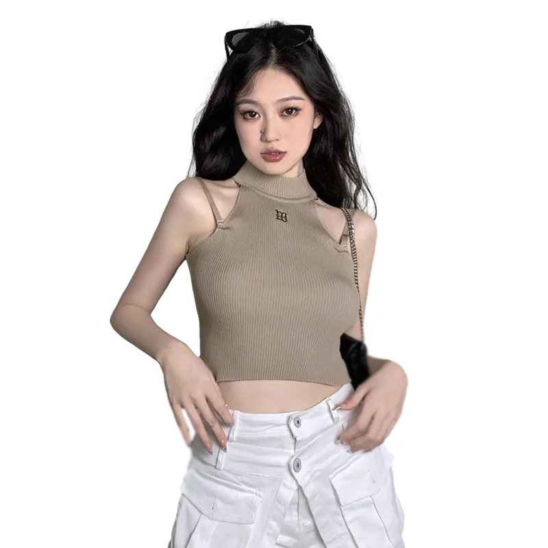 Women's Top Embroidery Korean Version Expose Navel Knitted Sleeveless Tank Tops