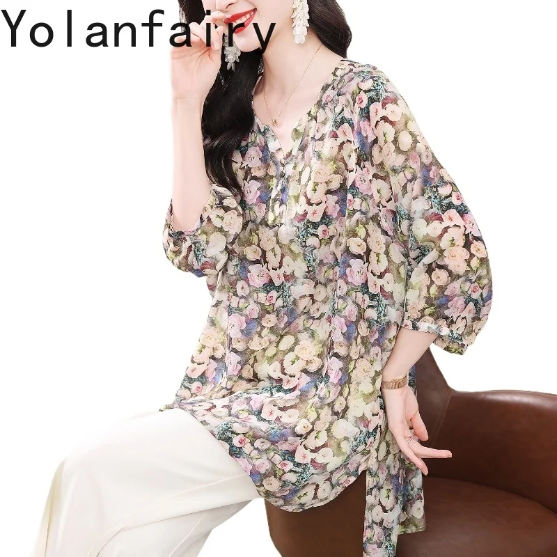 

YOLANFAIRY Luxury 100% Real Mulberry Silk Blouse for Women Summer 2026 Elegant Floral Shirt Woman Tops Lace-up Fashion Shirts