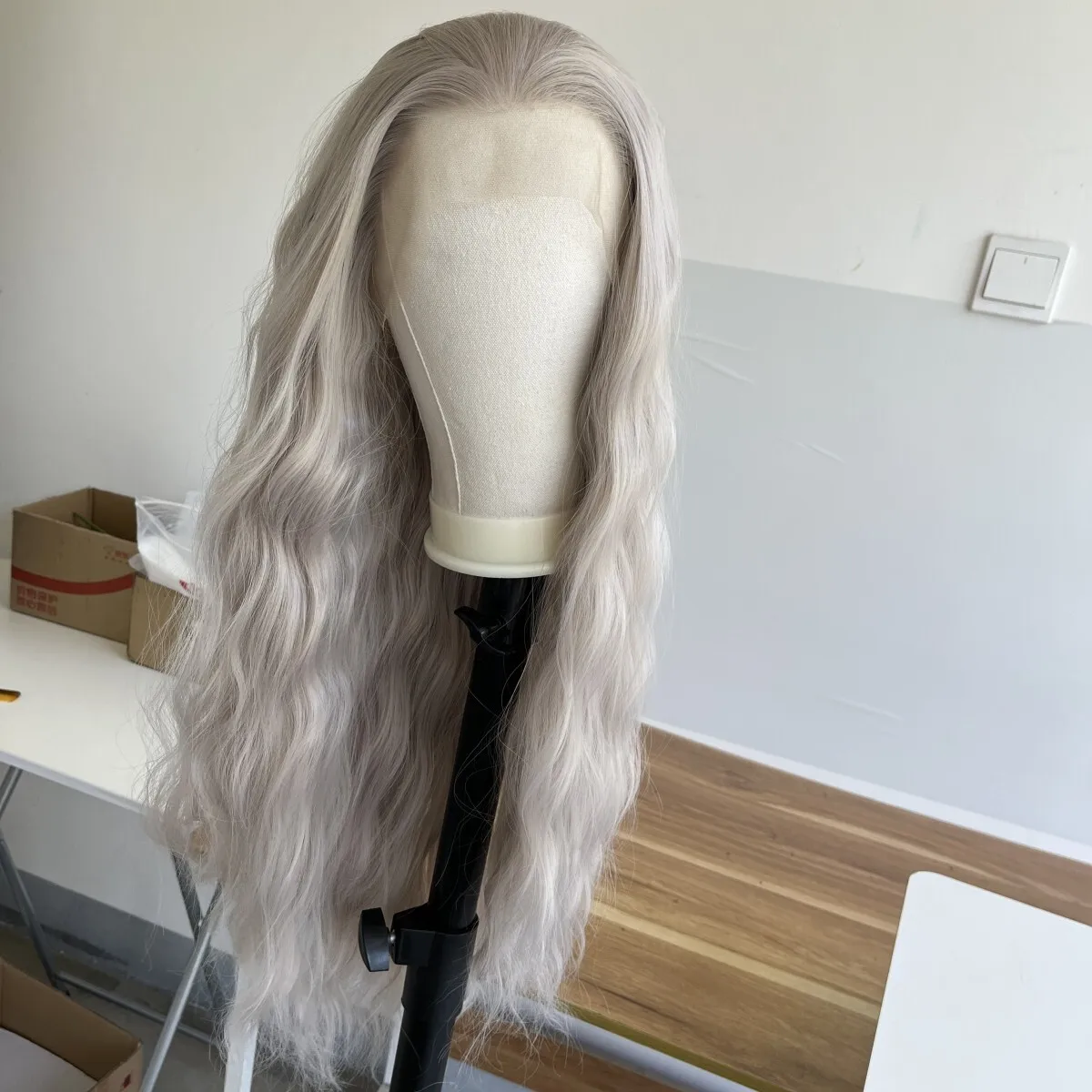 

Silver Long Heat Resistant Hair Glueless Lace Front Wig Long Wavy Pre Plucked