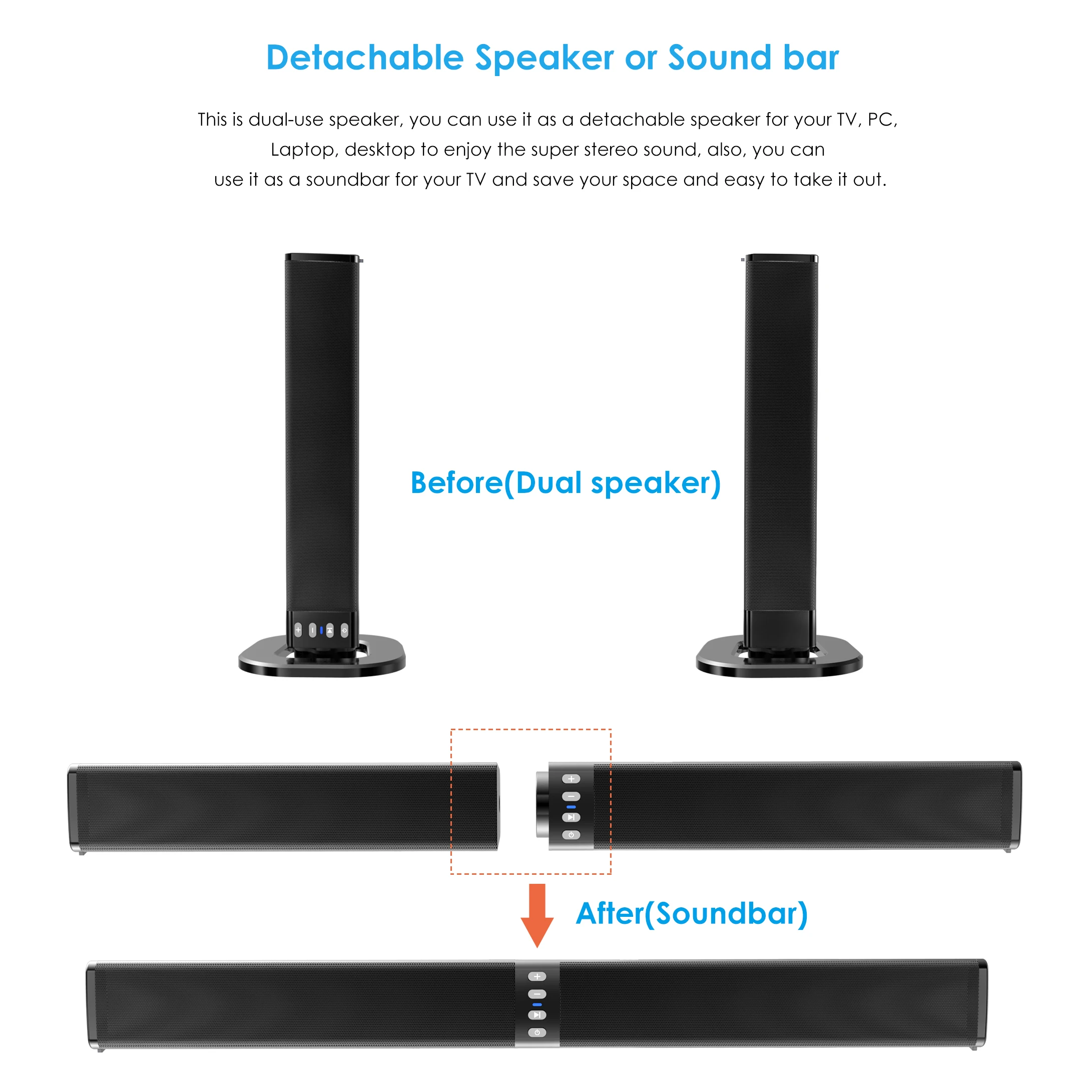 Bluetooth Detachable Speaker Wired & Wireless 20W Soundbar with MIC Built-in Subwoofer Home Theater TV Stereo 3D Surround Sound