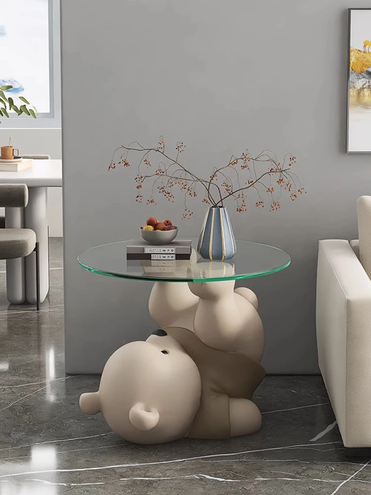 Home Decor Bear Statues Round Glass Side Table Nordic Living Room Creative Animal Sculpture Coffee Tables Bedroom Bedside Tables