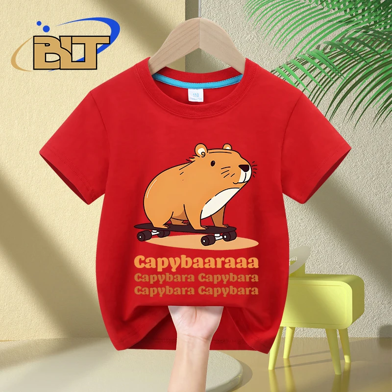 Capybara on Skateboard cartoon print kids T-shirt summer children's cotton short-sleeved casual tops