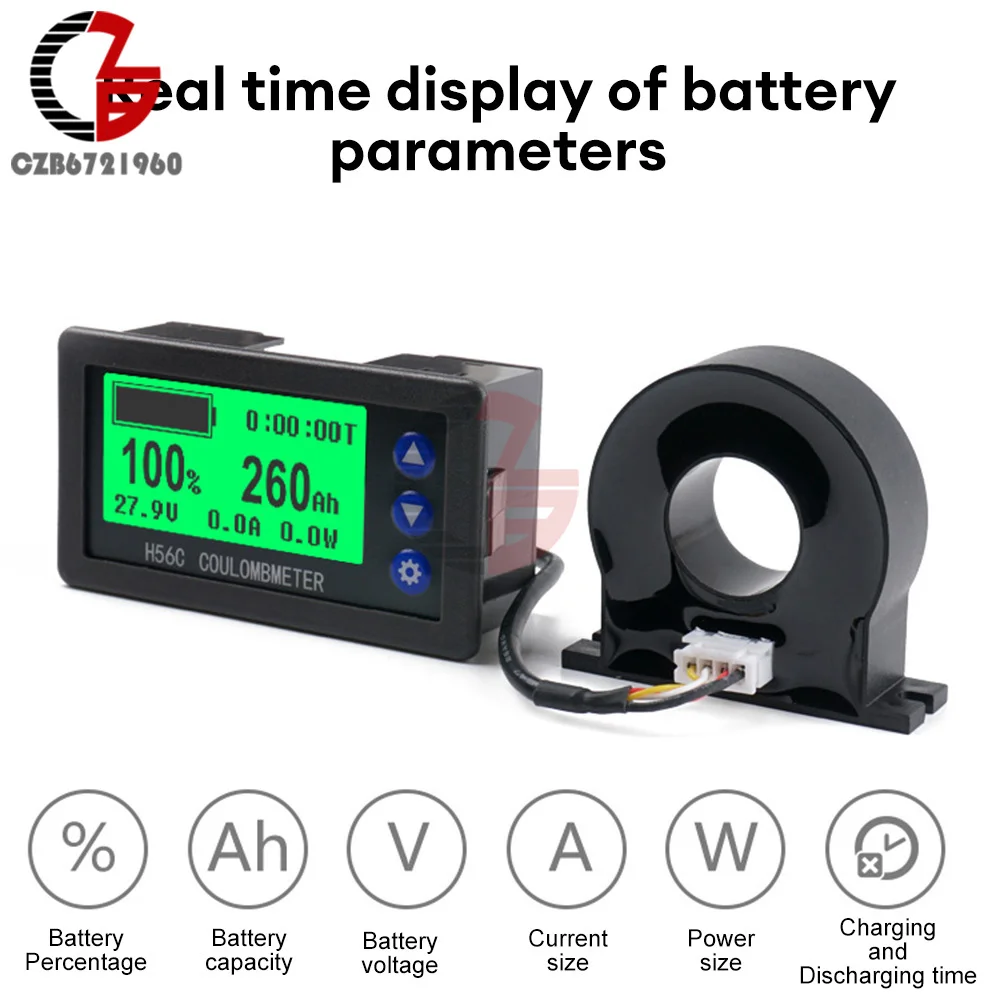 H56CH LCD Digital Hall Coulomb Meter Ammeter Voltmeter DC9-100V 50A 100A 300A 400A Voltage Current Power Meter Battery Indicator