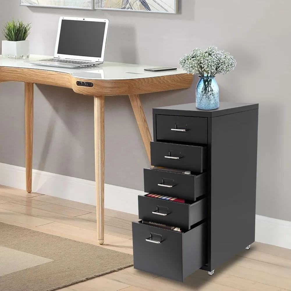

Metal Vertical File Storage Cabinet 5 Drawer Office Storage Organizer with Wheels and Tag Slot for Home Living Room Office Black