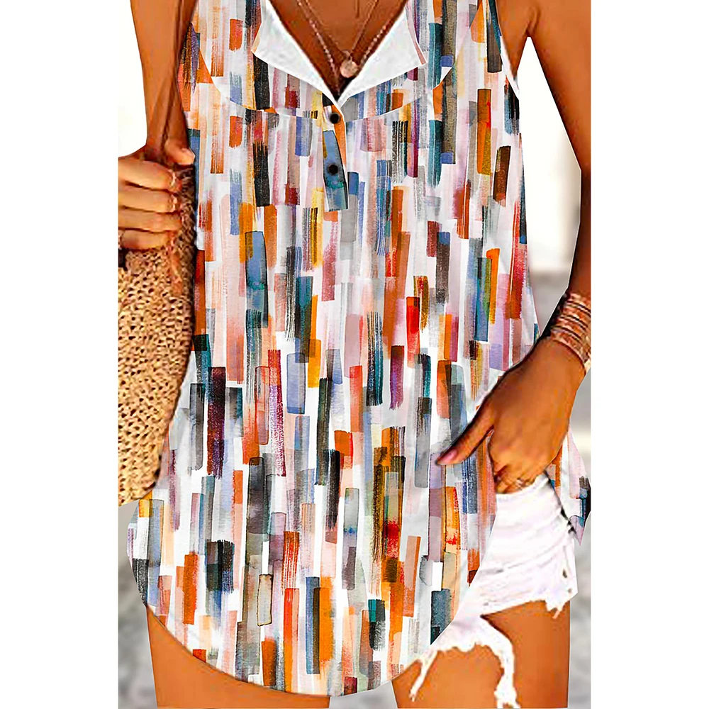 Plus Size Casual Multicolor Block Print Button Tank Top