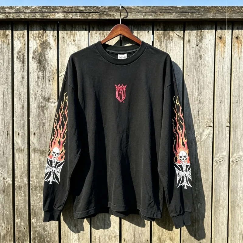 Red Cross Sanskrit Letter Crackle Print Flame Skull Long Sleeve American Street West Coast Choppers Tshirts Men Women Streetwear