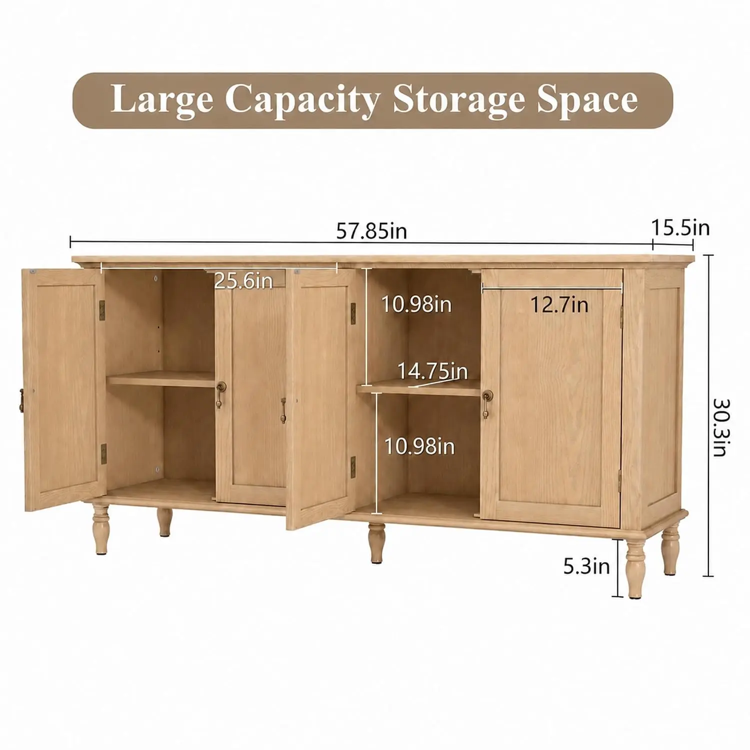 Vintage Buffet Cabinet with Storage Solid Wood Veneer 58 Inch, Customized