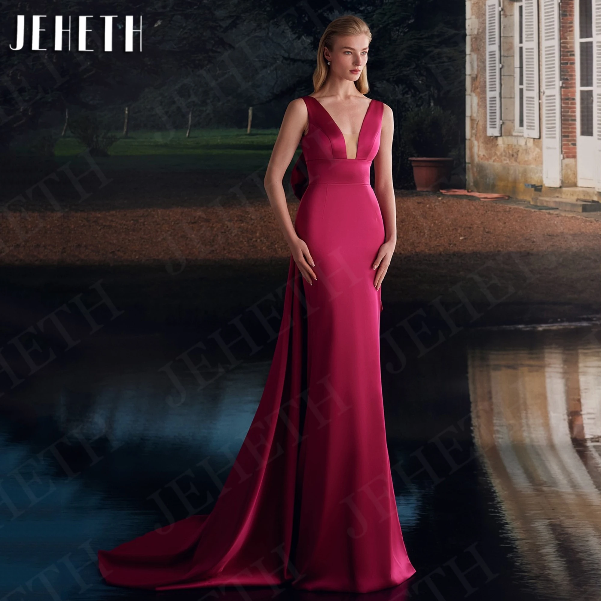 

JEHETH Fuchsia Detachable Train Evening Dress Sleeveless Mermaid V Neck Satin Wedding Party Dresses Simple Backless فساتين سهرات