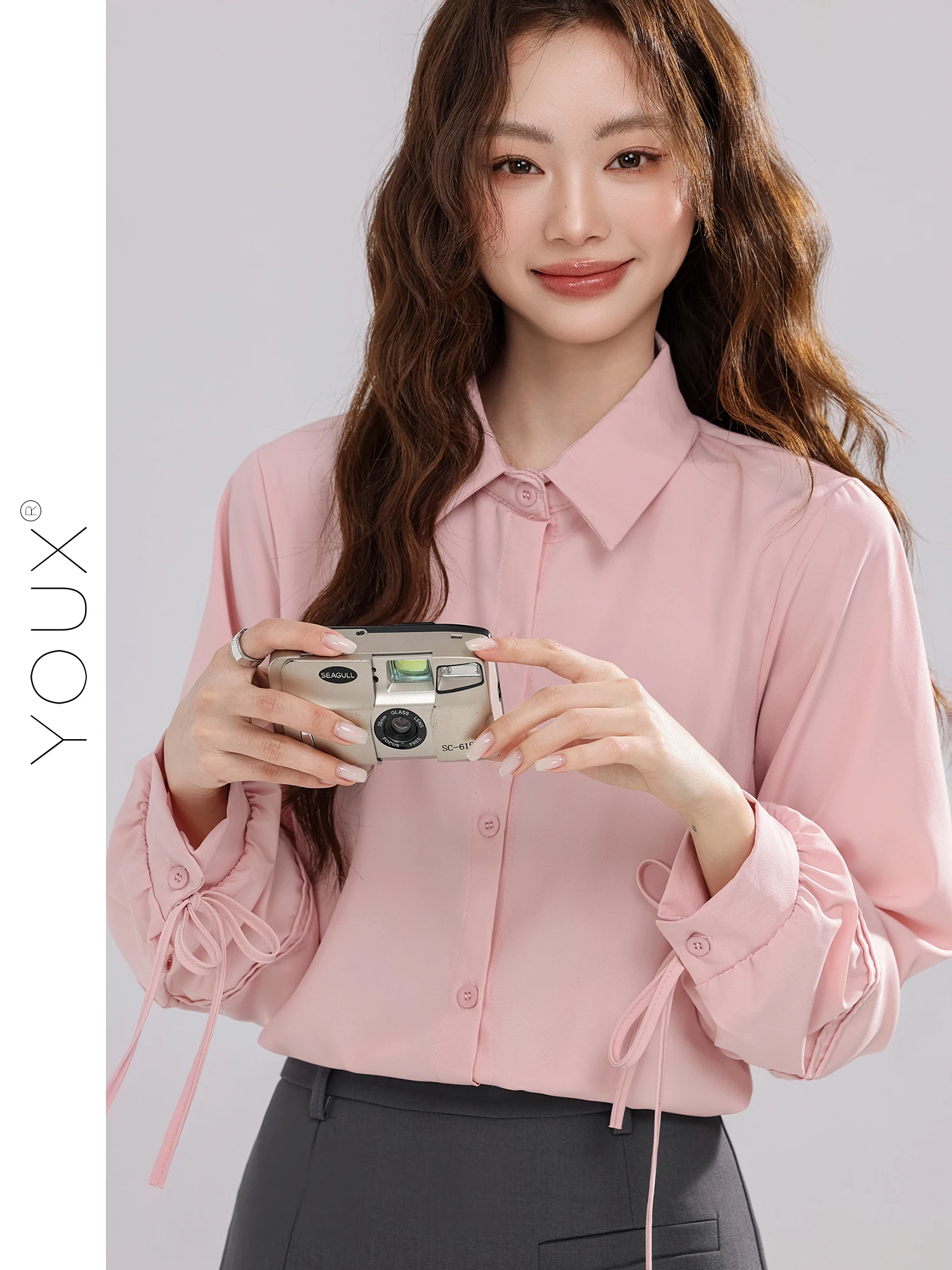 

Pink Long Sve irt Women's Spring Summer Autumn New Sle Ribbon Design Sense Upper Apparel Breathable Polyester Fabric C...